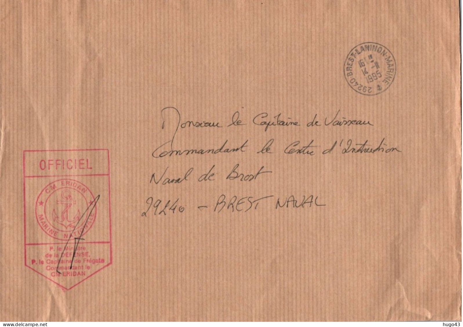 ENVELOPPE AVEC CACHET OFFICIEL DU CM ERIDAN - BREST LANINON MARINE LE 14/11/1995 - Poste Navale