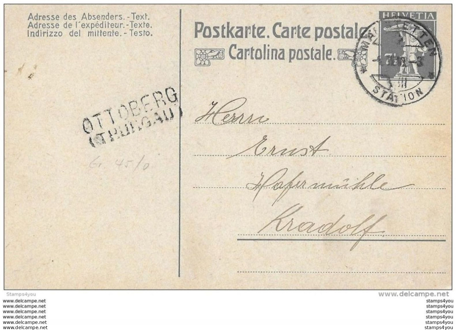 86 - 91 - Entier Postal Avec Superbe Cachet Linéaire "Ottaberg (Thurgau) 1919" - Stamped Stationery