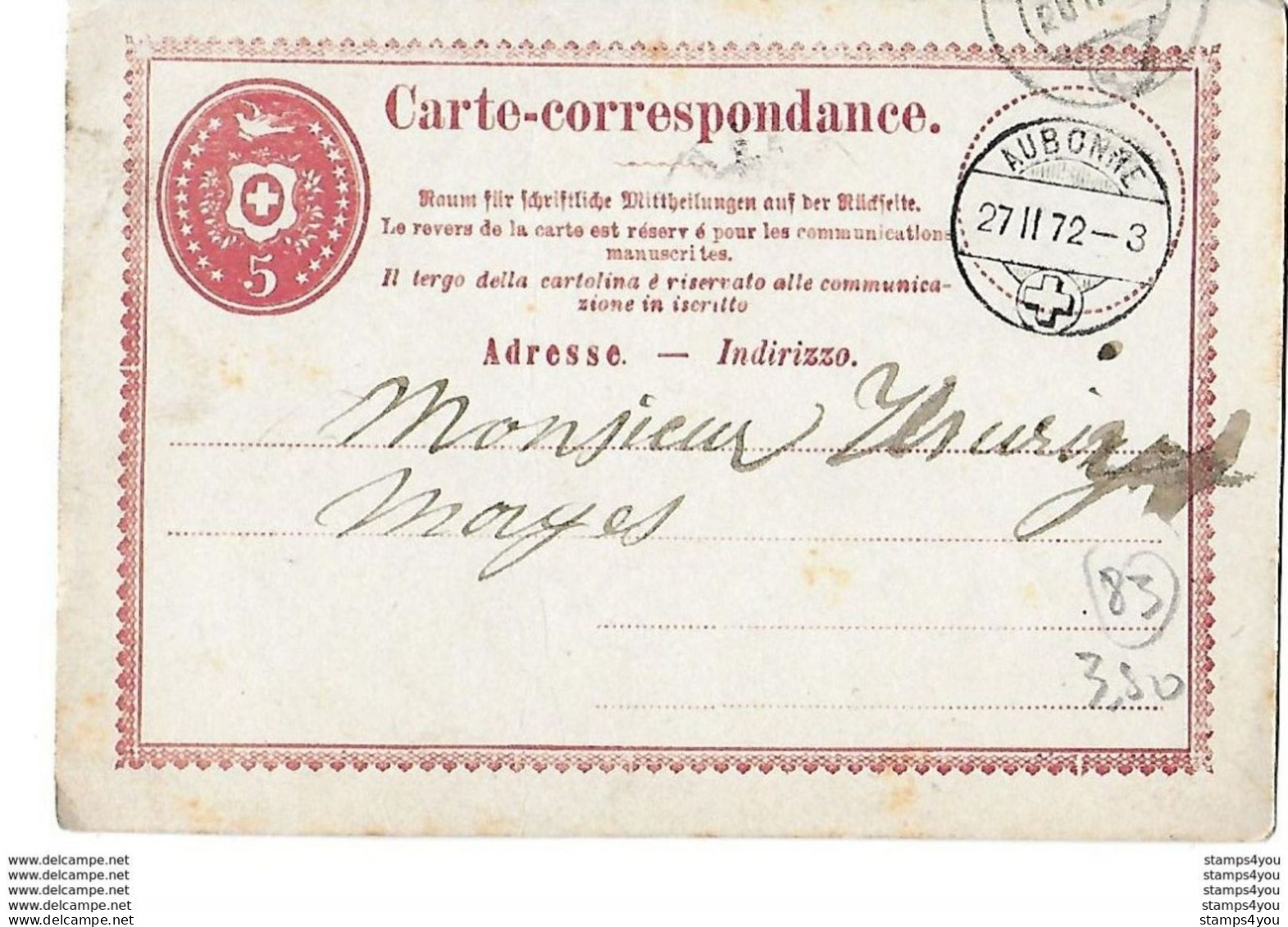 24 - 83 - Entier Postal Avec Superbe Cachet à Date Aubonne 1872 - Postwaardestukken