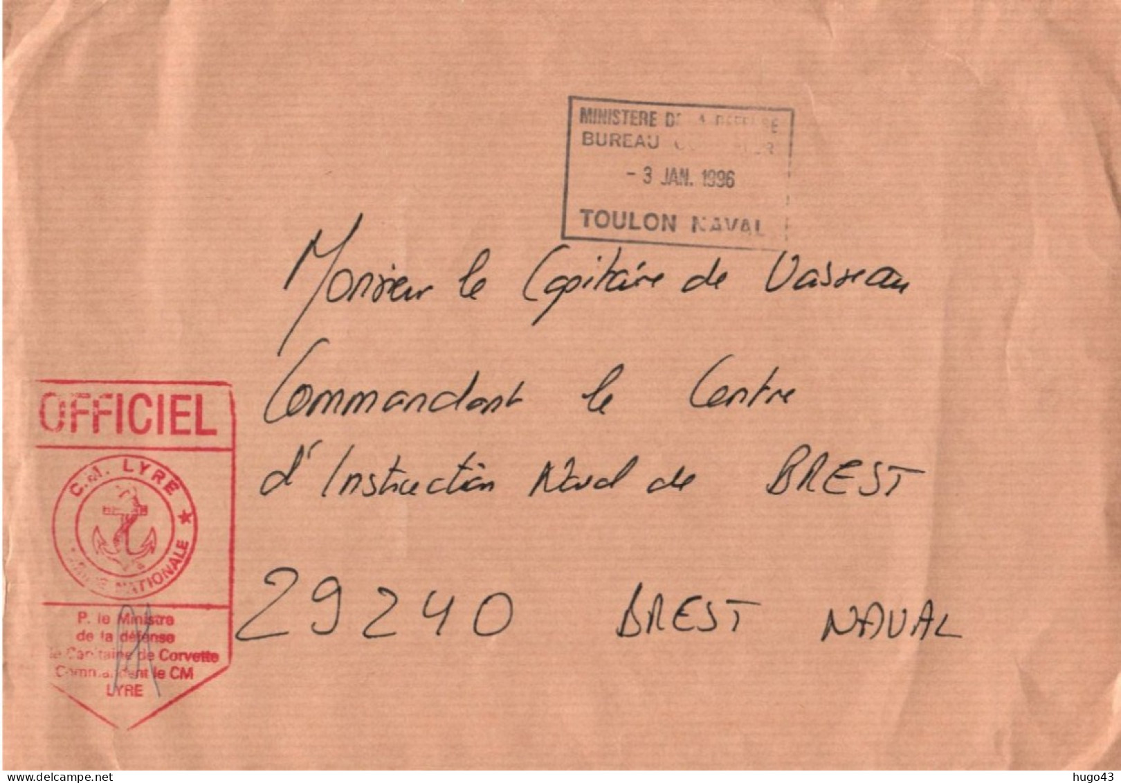 ENVELOPPE AVEC CACHET OFFICIEL DU CM LYRE - TOULON NAVAL LE 3 JANVIER 1996 - Posta Marittima