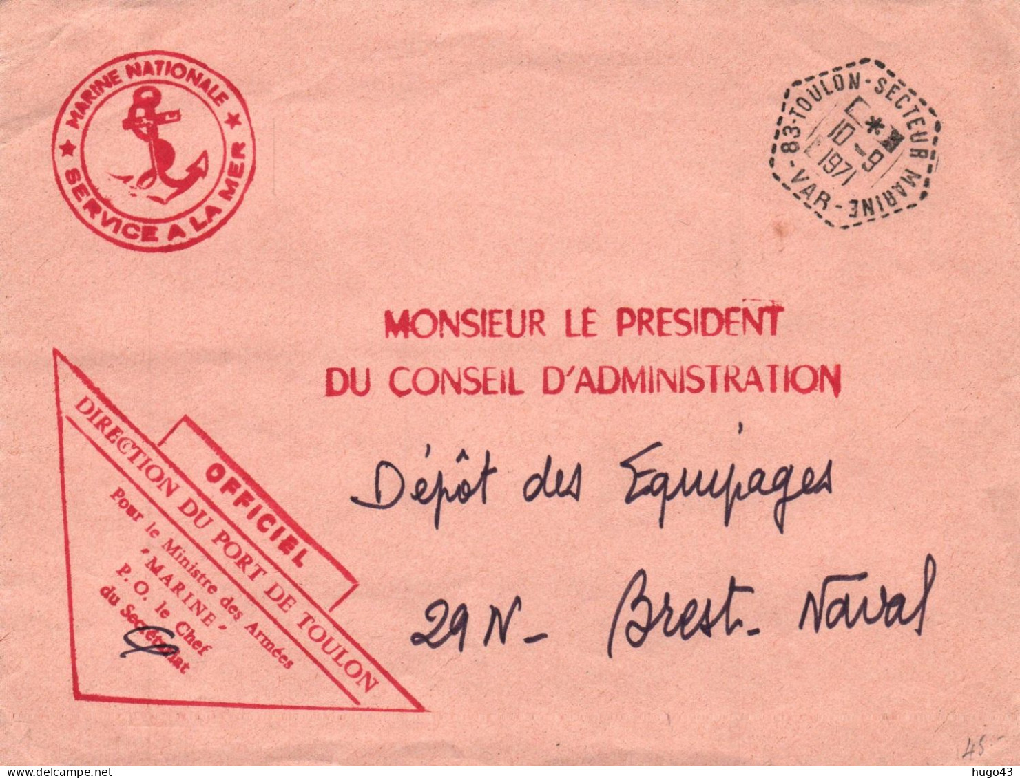 ENVELOPPE AVEC CACHET OFFICIEL DIRECTION DU PORT DE TOULON - CACHER HEXAGONAL TOULON SECTEUR MARINE LE 10/9/1971 - GF - Seepost