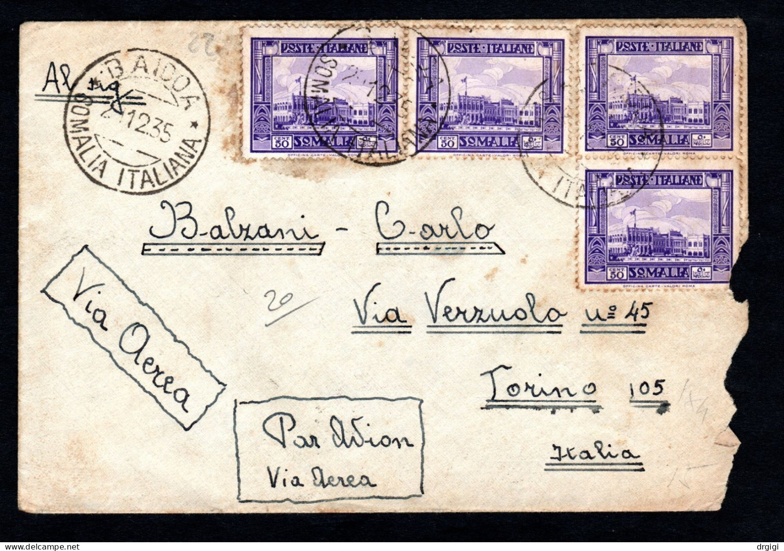 SOMALIA ITALIANA, BUSTA 1935, SASS. 221, BAIDOA X TORINO - RARO - Somalia