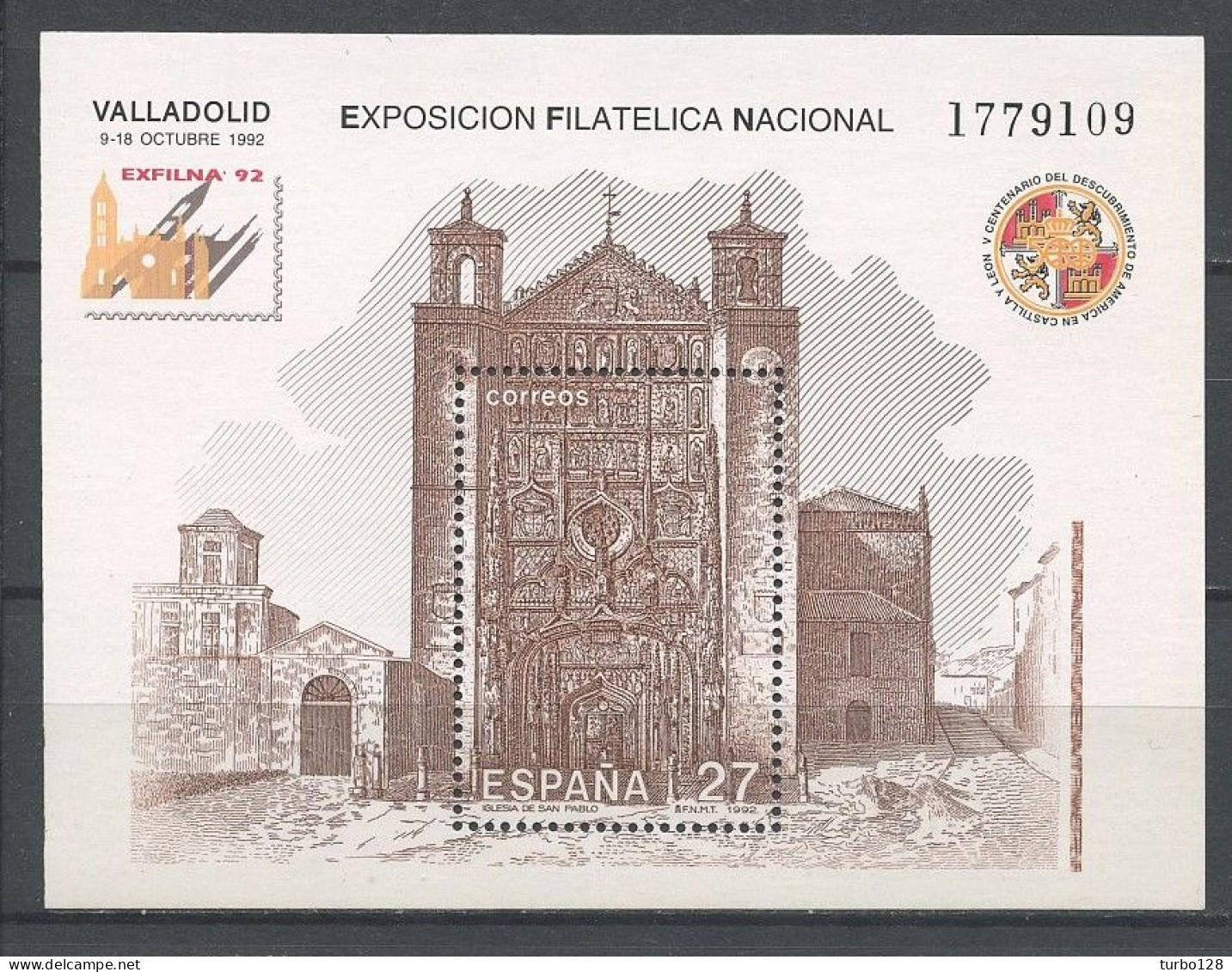 ESPAGNE 1992 N° 57 ** Neuf MNH Superbe C 1 € Eglise Saint-Paul Exfilna 92 Exposition Philatélique à Valladolid - Blokken & Velletjes