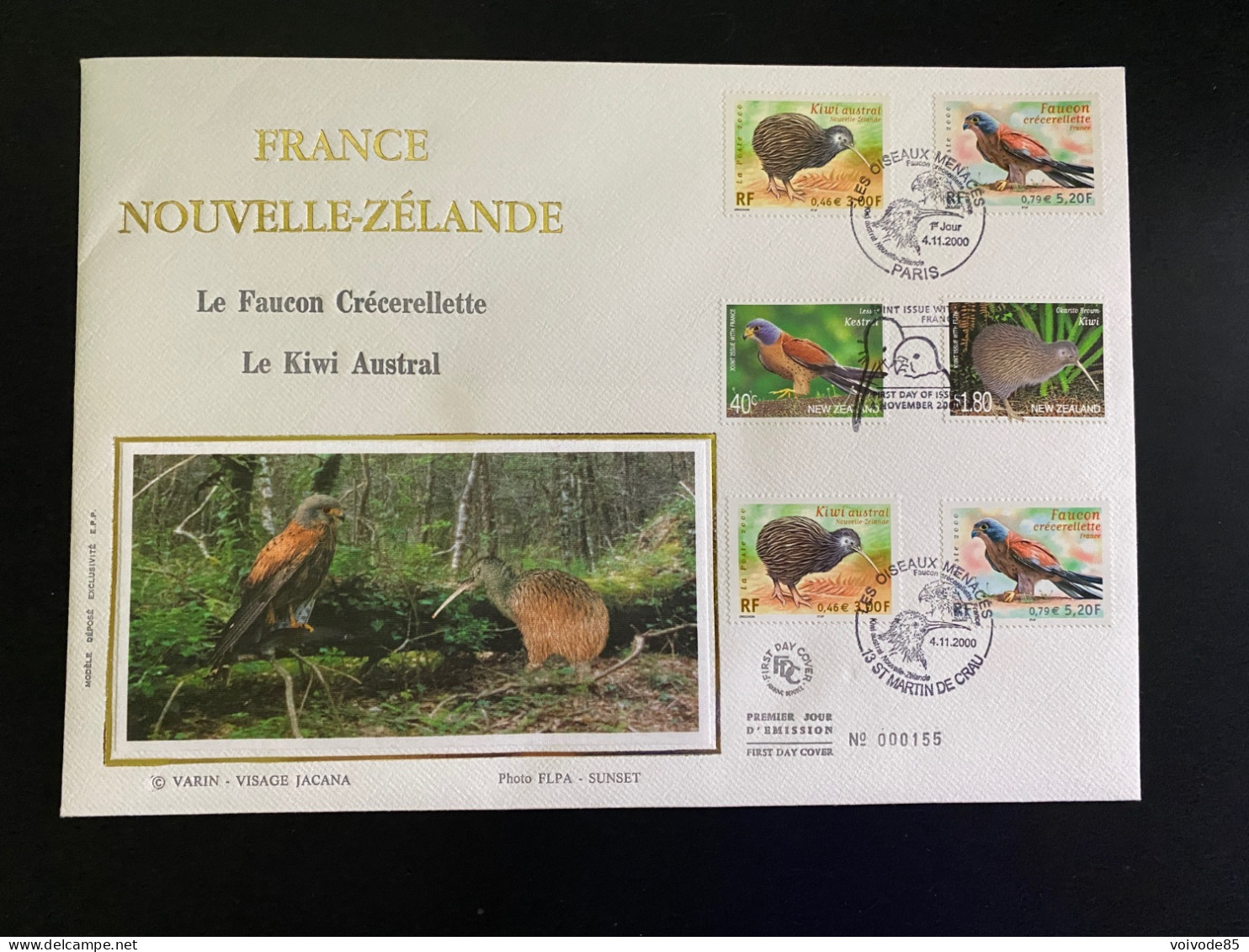 Enveloppe 1er Jour GF Soie "Faune En Voie De Disparition - Oiseaux" - 04/11/2000 - 3360/3361 - Nouvelle Zélande - 2000-2009