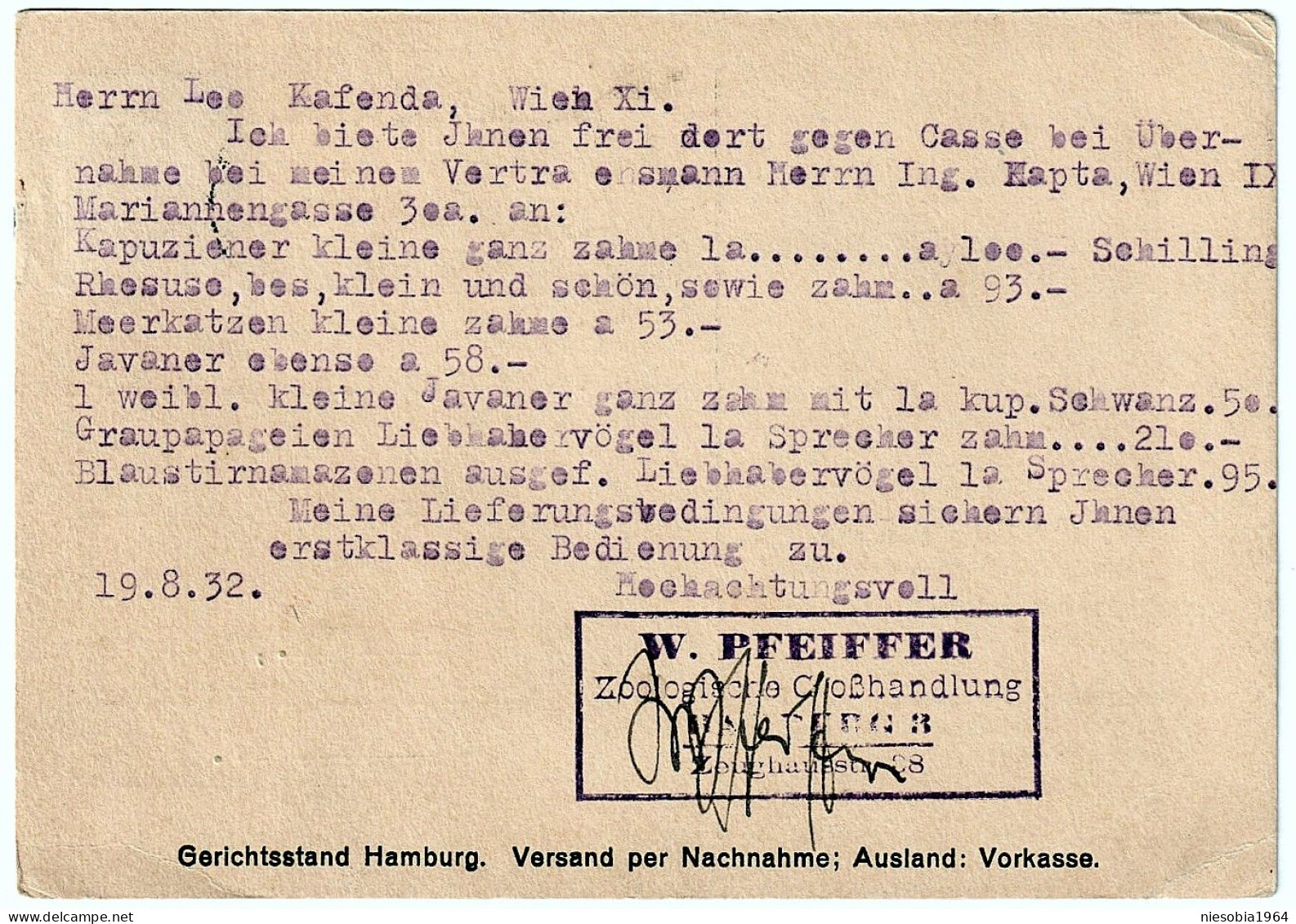 Company Postcard W. Pfeiffer Pet Wholesaler Hamburg. Postage Stamp DR 6, Data Seal 19/08/1932 Avoids Radio Interference - Tarjetas
