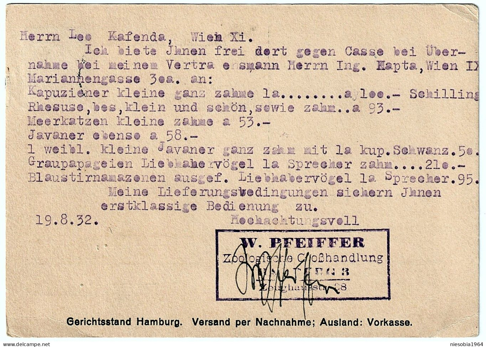 Company Postcard W. Pfeiffer Pet Wholesaler Hamburg. Postage Stamp DR 6, Data Seal 19/08/1932 Avoids Radio Interference - Briefkaarten