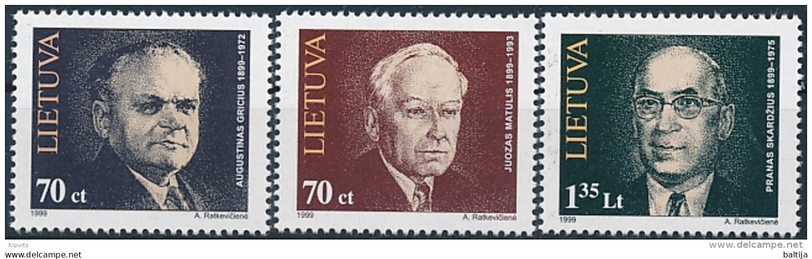 Mi 689-91 ** MNH Writer Augustinas Gricius, Chemist Juozas Matulis, Pranas SkardÅ¾ius Philology Linguistics - Litauen