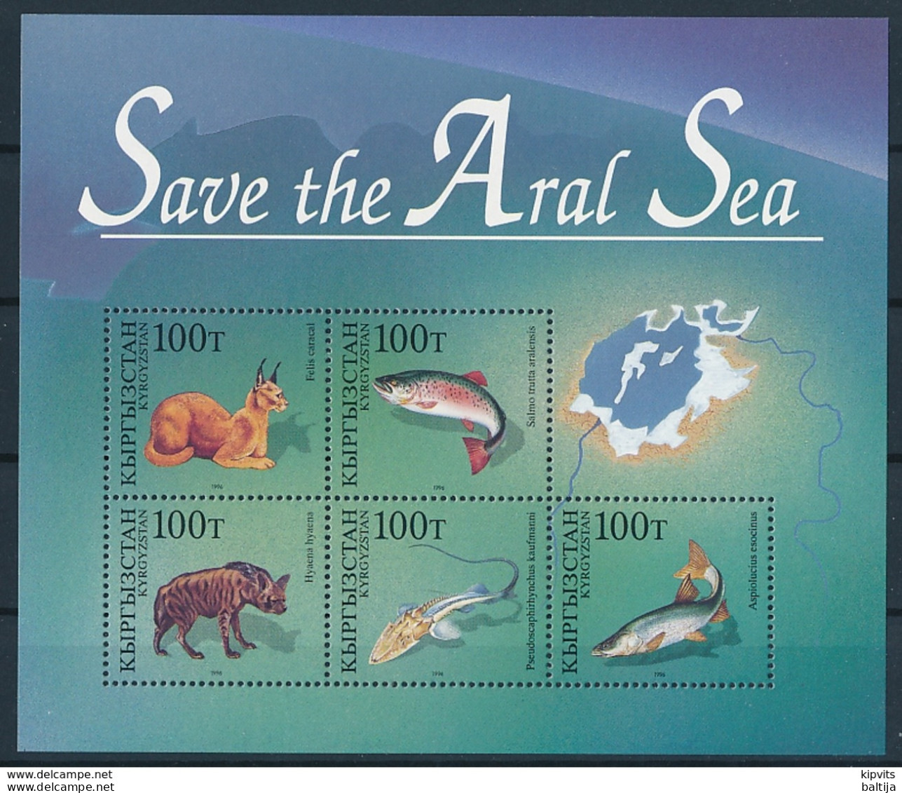 Mi Block 17 ** MNH Save The Aral Sea Fauna Joint Issue Caracal Cat Cats Trout Hyena Sturgeon Pike Asp Fish - Kyrgyzstan