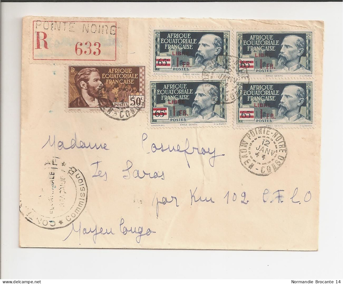 Lettre Recommandée AEF (Moyen Congo) Janvier 1944 - Timbre AEF Libre - Briefe U. Dokumente