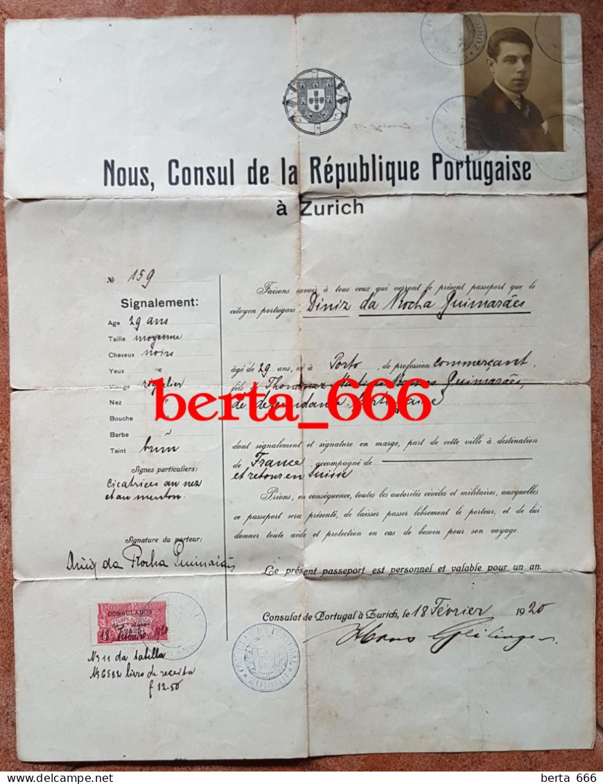 Passaporte * Consulado De Portugal Em Zurique * 1920 * Estampilha Fiscal Consulados * Passport * Passeport - Historical Documents