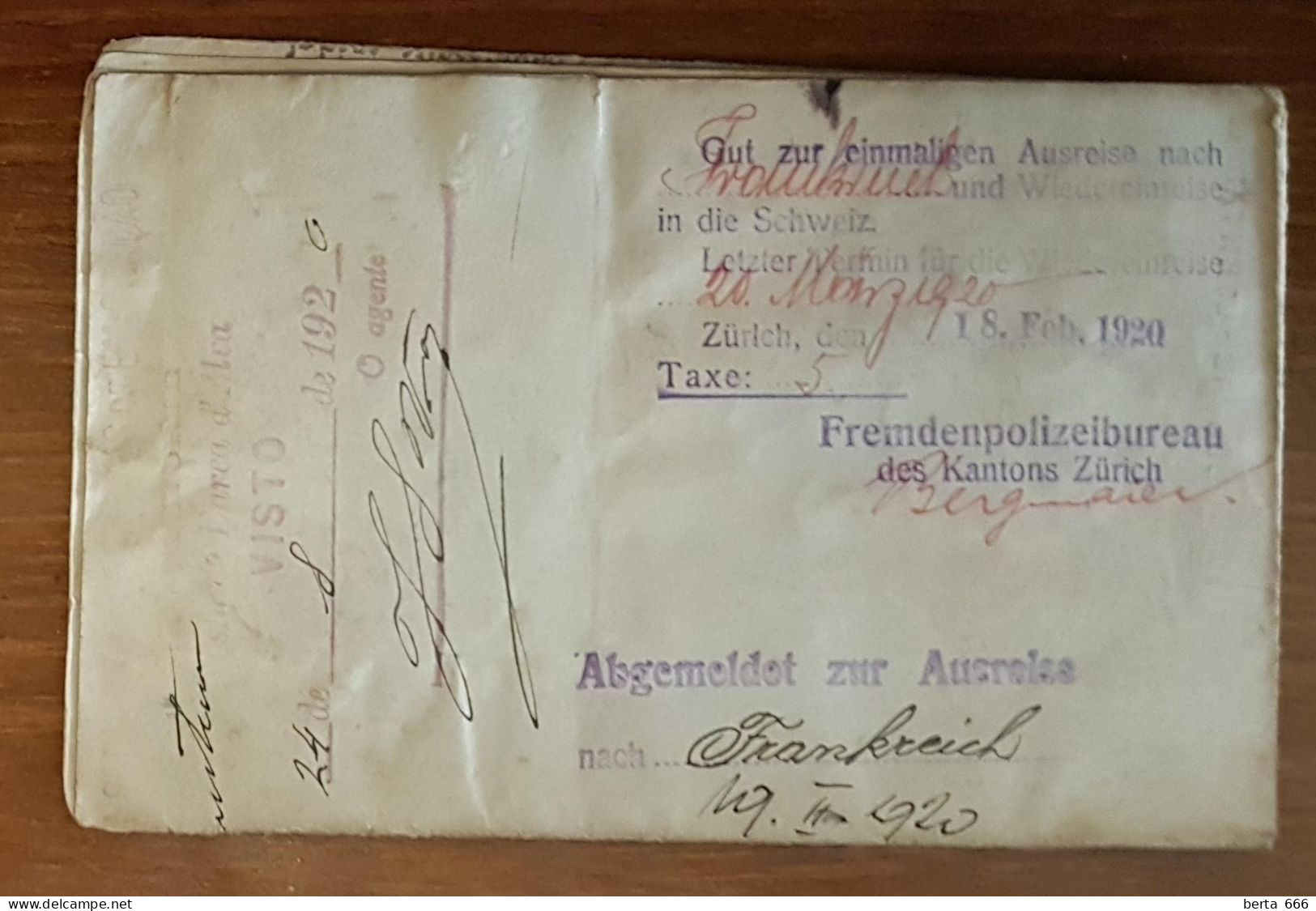 Passaporte * Consulado De Portugal Em Zurique * 1920 * Estampilha Fiscal Consulados * Passport * Passeport - Historical Documents