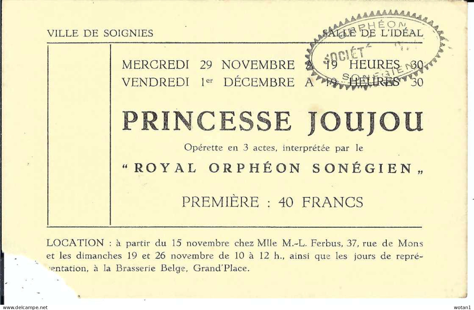 SOIGNIES - Opérette En 3 Actes Par "Royal Orphéon Sonégien" : PRINCESSE JOUJOU - Tickets - Vouchers