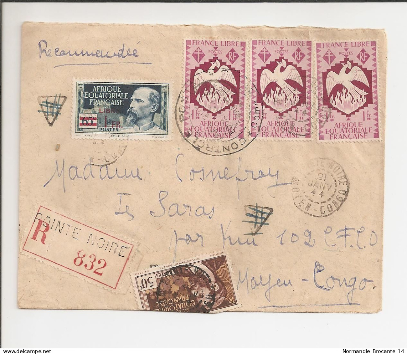 Lettre Recommandée AEF (Moyen Congo) Janvier 1944 - Timbre AEF France Libre - Cartas & Documentos