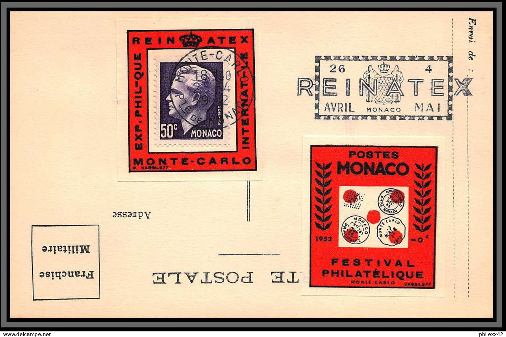74926 (1) REINATEX 1952 joli lot collection vignette porte timbre stamp holder lettre cover Monaco france italia