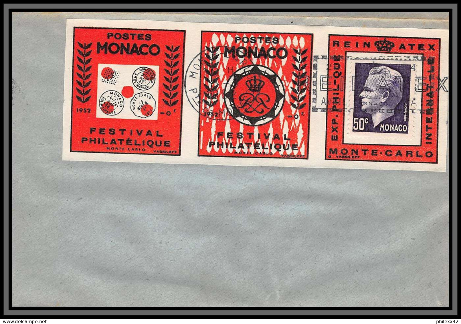 74926 (2) REINATEX 1952 joli lot collection vignette porte timbre stamp holder lettre cover Monaco france italia