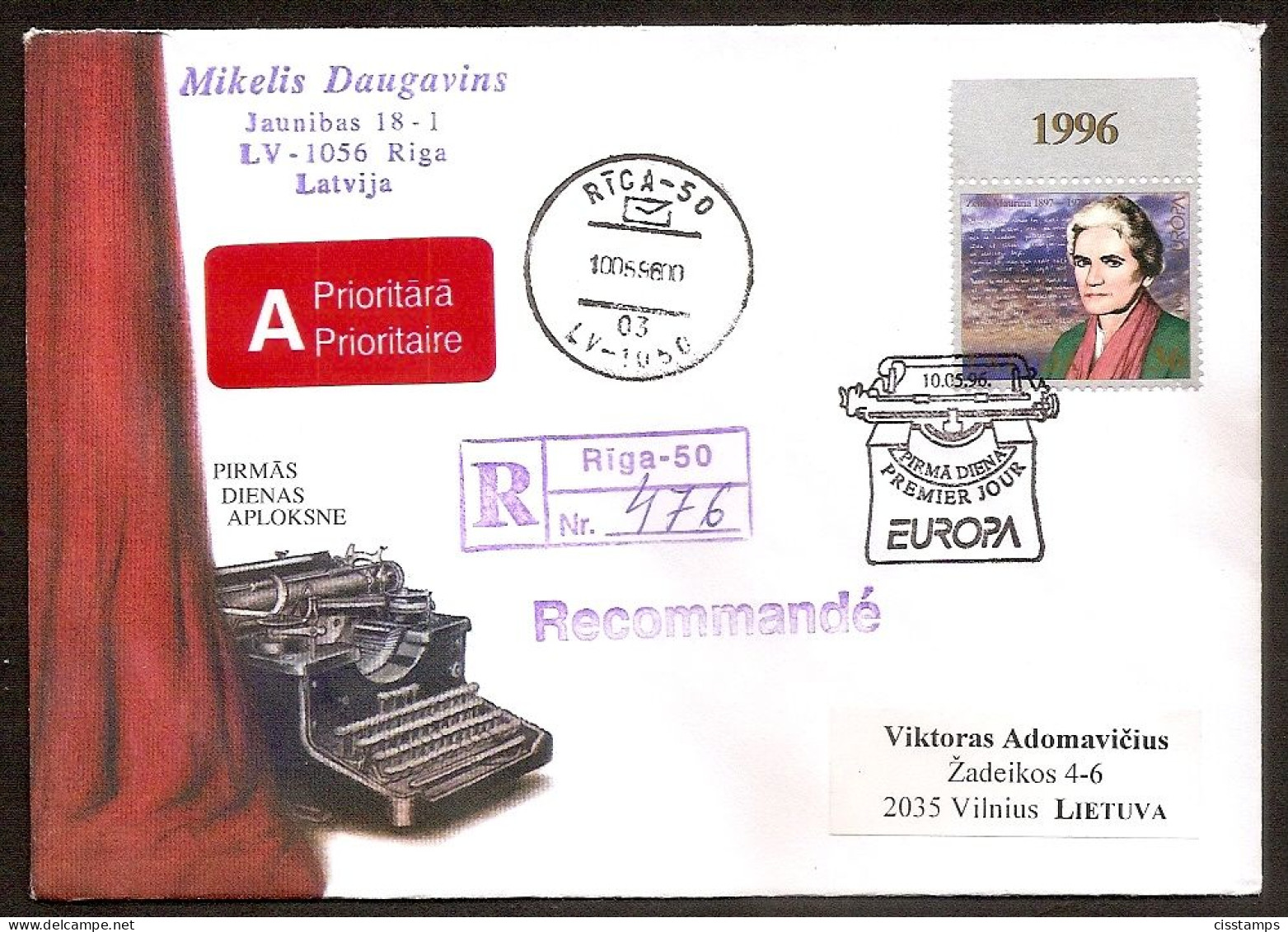 Latvia 1996●Europa CEPT (Typewriter On Cancell)●FDC R-Cover - Lettonia