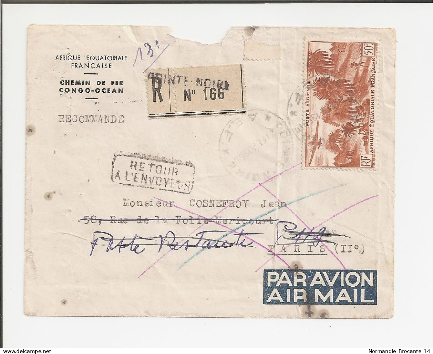 Lettre Recommandée AEF (Moyen Congo) Chemin De Fer Congo-Océan Pour Paris (Retour à L'envoyeur) Par Avion - Lettres & Documents