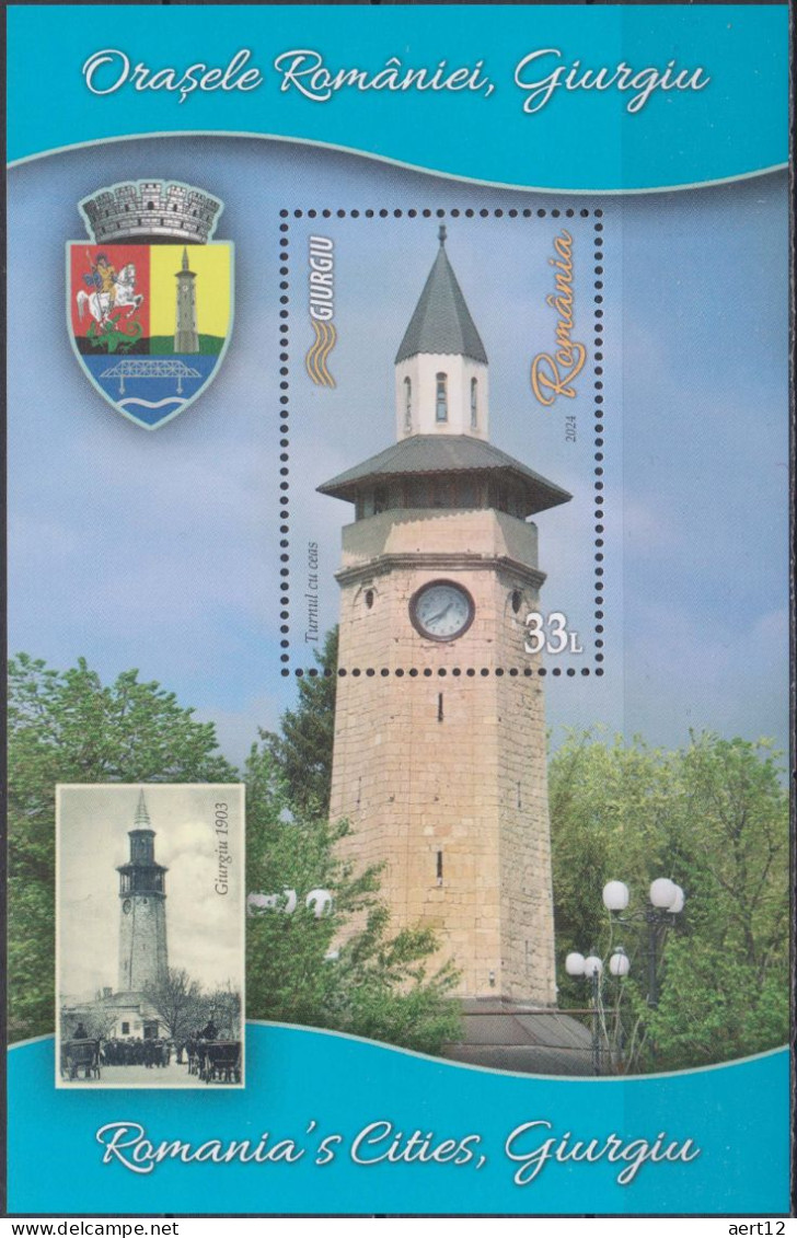 2024, Romania, Giurgiu, Clocks, Coats Of Arms, Towers, Souvenir Sheet, MNH(**), LPMP 2452a - Neufs