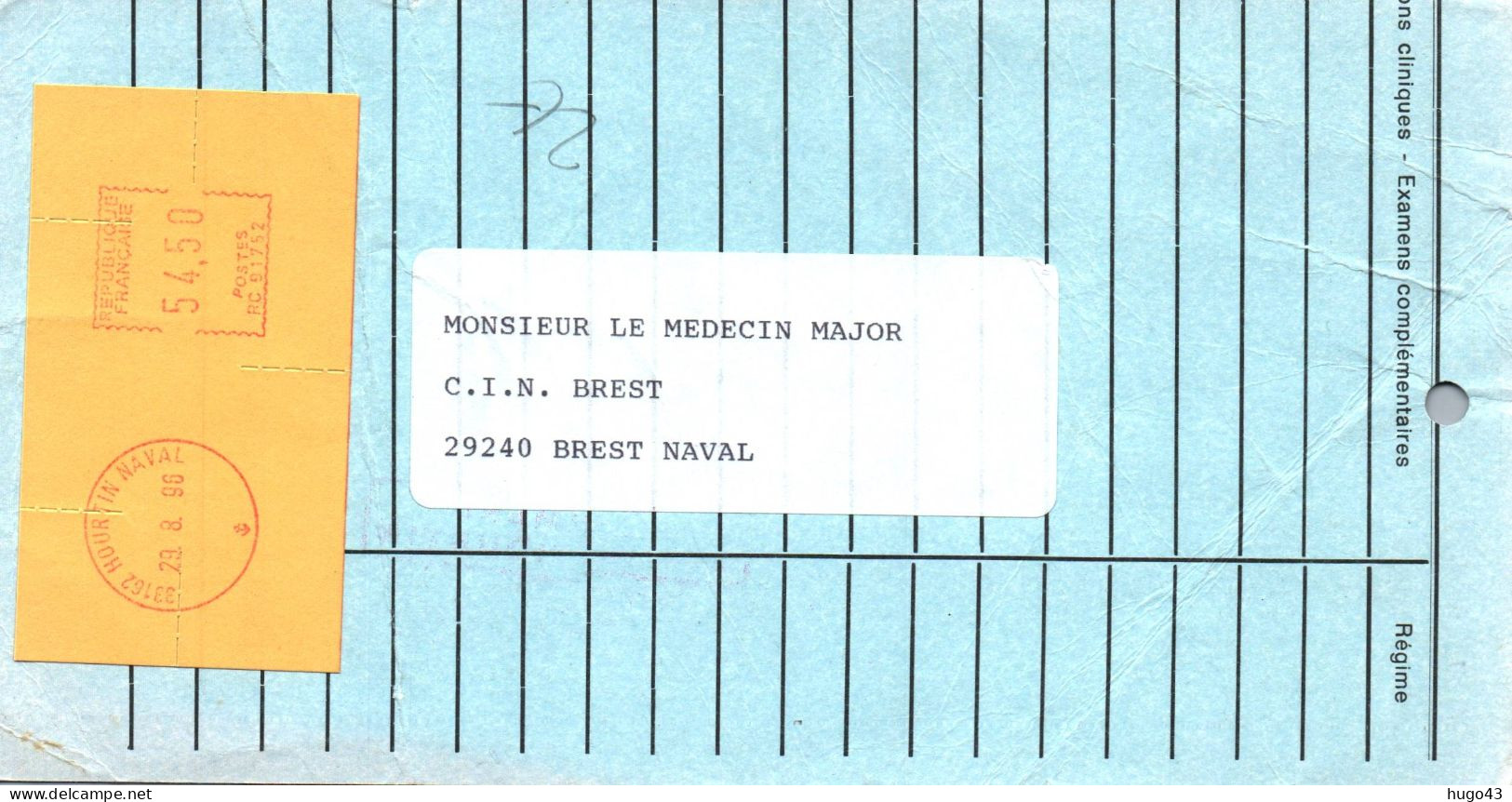 FICHE AVEC RECOMANDE DU 29/9/1996 - FLAMME EUA - HOURTIN AVEC CACHET OFFICIEL DU BSP GREBE - BREST HOURTIN LE 29/08/90 - Posta Marittima