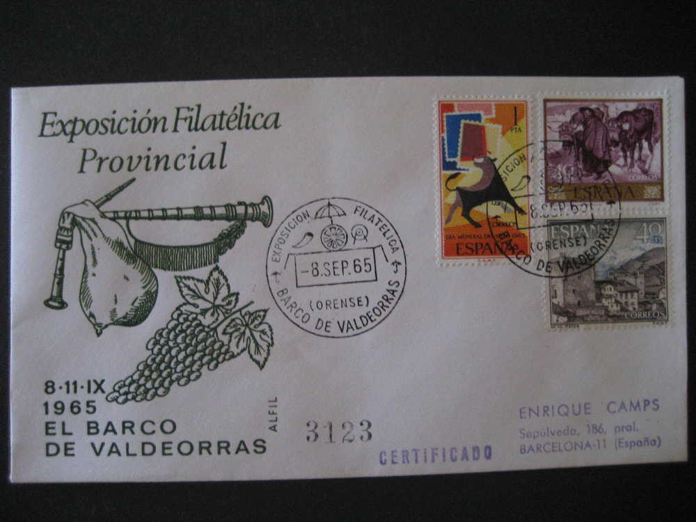 BARCO DE VALDEORRAS Orense Galicia 1965 Expo Fil Vino Wine Uva Grape Gaita Musica Matasellos Especial Sobre Cover Lettre - Storia Postale