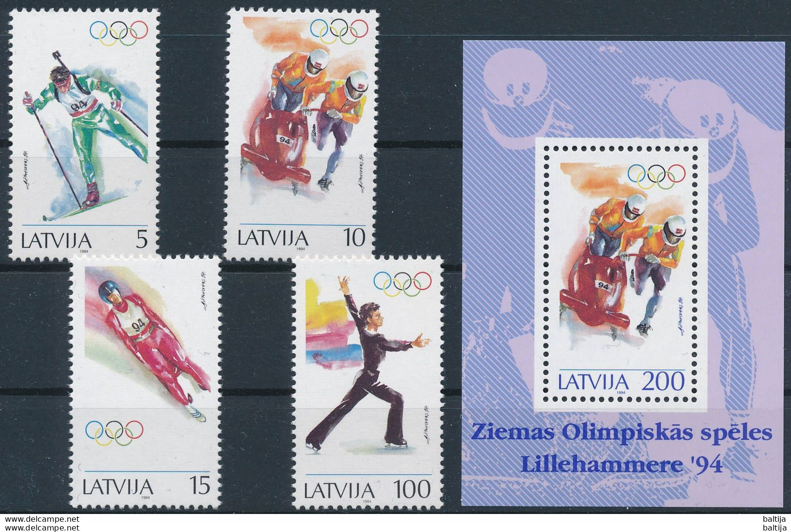 Mi 364-67 + Block 4 ** MNH / Winter Olympics Lillehammer 1994 / Biathlon, Bobsleigh, Skeleton, Figure Skating - Lettonie