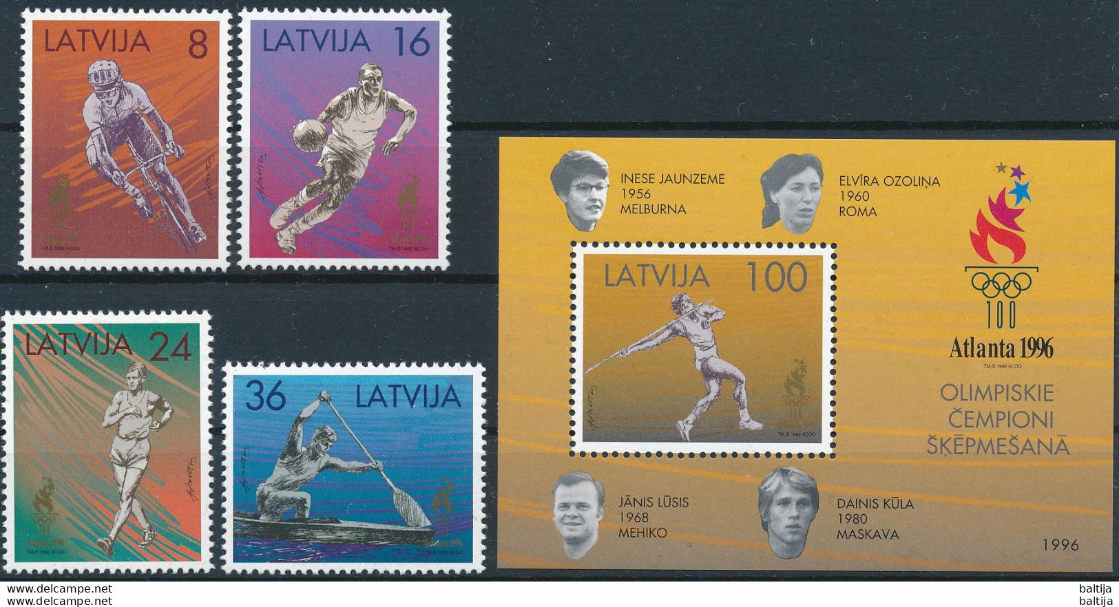 Mi 427-30 + Block 9 ** MNH / Summer Olympics Atlanta 1996 / Cycling, Handball, Racewalking, Kayaking, Javelin - Letland