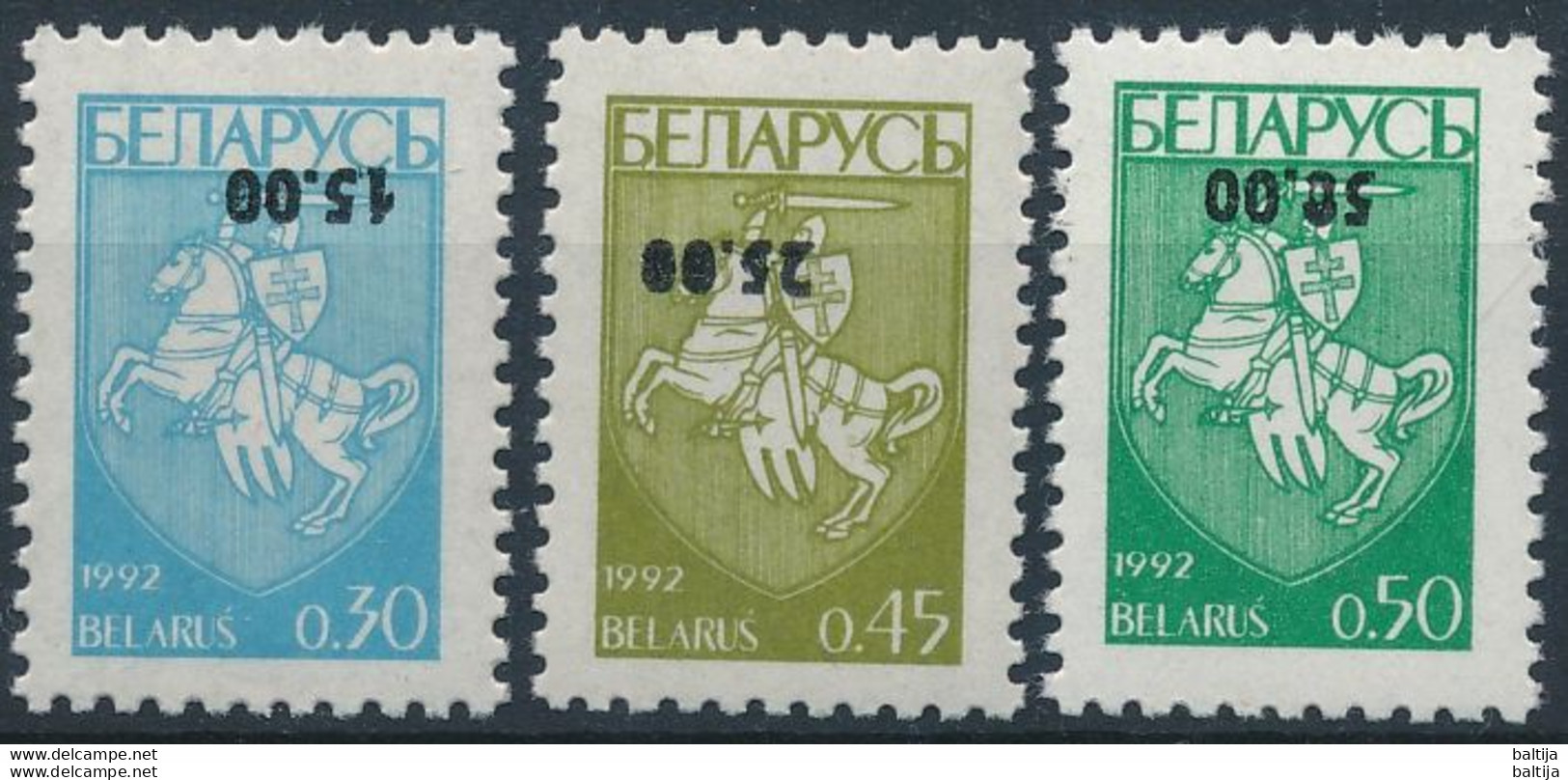 Mi 46-48 MNH ** Inverted Overprint / Standard, Definitives, Coat Of Arms, Knight - Bielorrusia