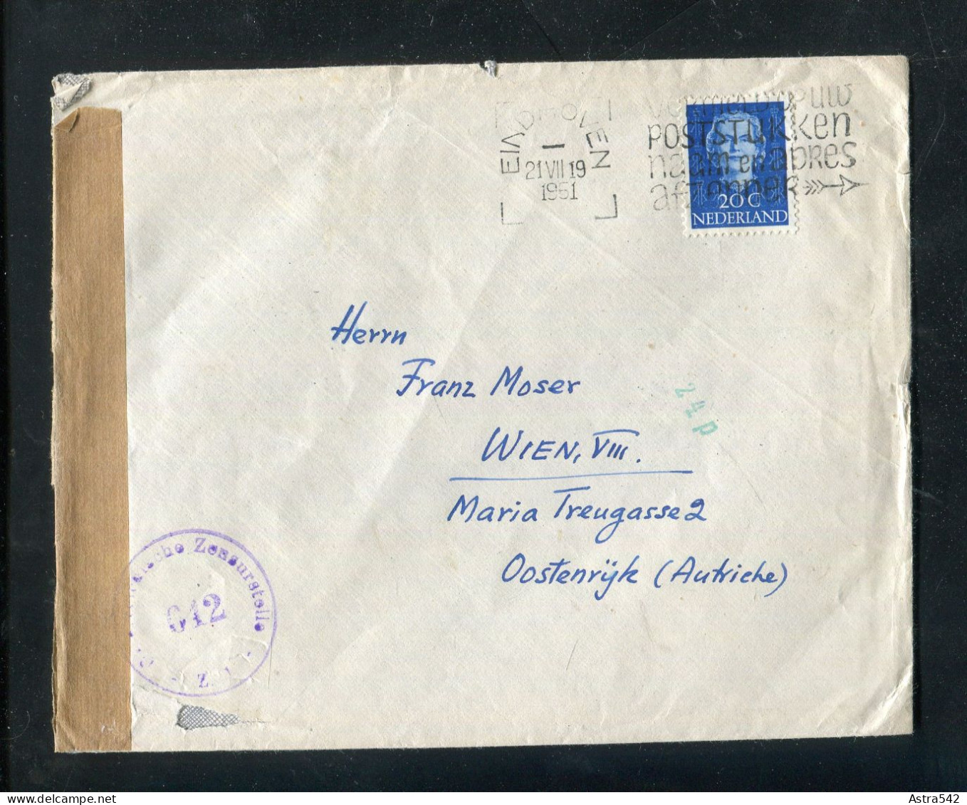 "NIEDERLANDE" 1951, Brief Mit "ZENSUR" (Oesterreichische Zensurstelle) Ex Eindhoven Nach Wien (A2042) - Lettres & Documents