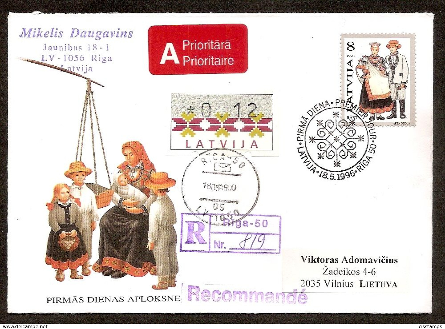 LATVIA 1996●Costumes●Mi424+ATM1 FDC R-Cover Sent To Lithuania - Lettland