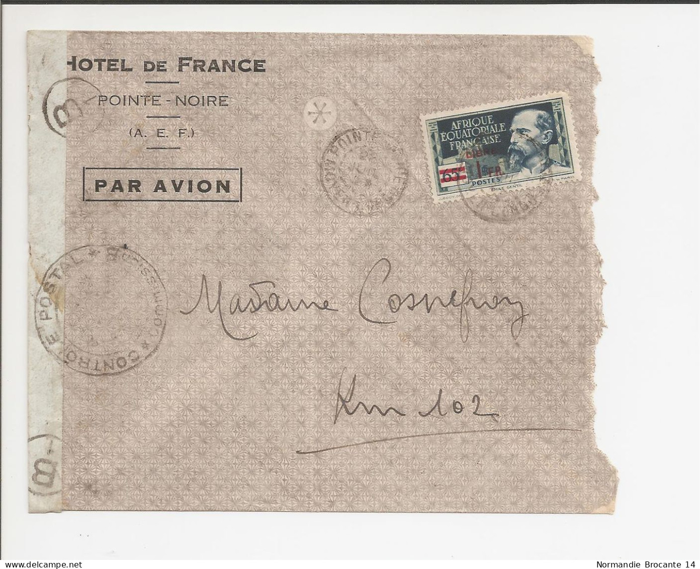 Lettre  AEF (Moyen Congo) Hôtel De France - Censure Militaire - Par Avion - Lettres & Documents