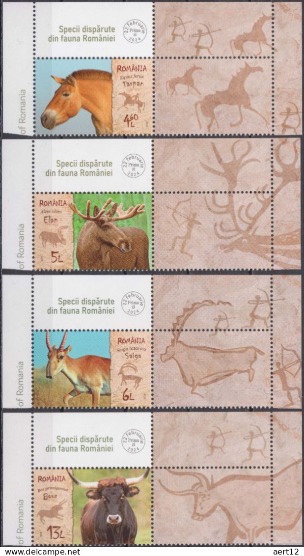 2024, Romania, Extinct Species, Antelopes, Cattle, Elks, Horses, Mammals, 4 Stamps+Label, MNH(**), LPMP 2453 - Ongebruikt