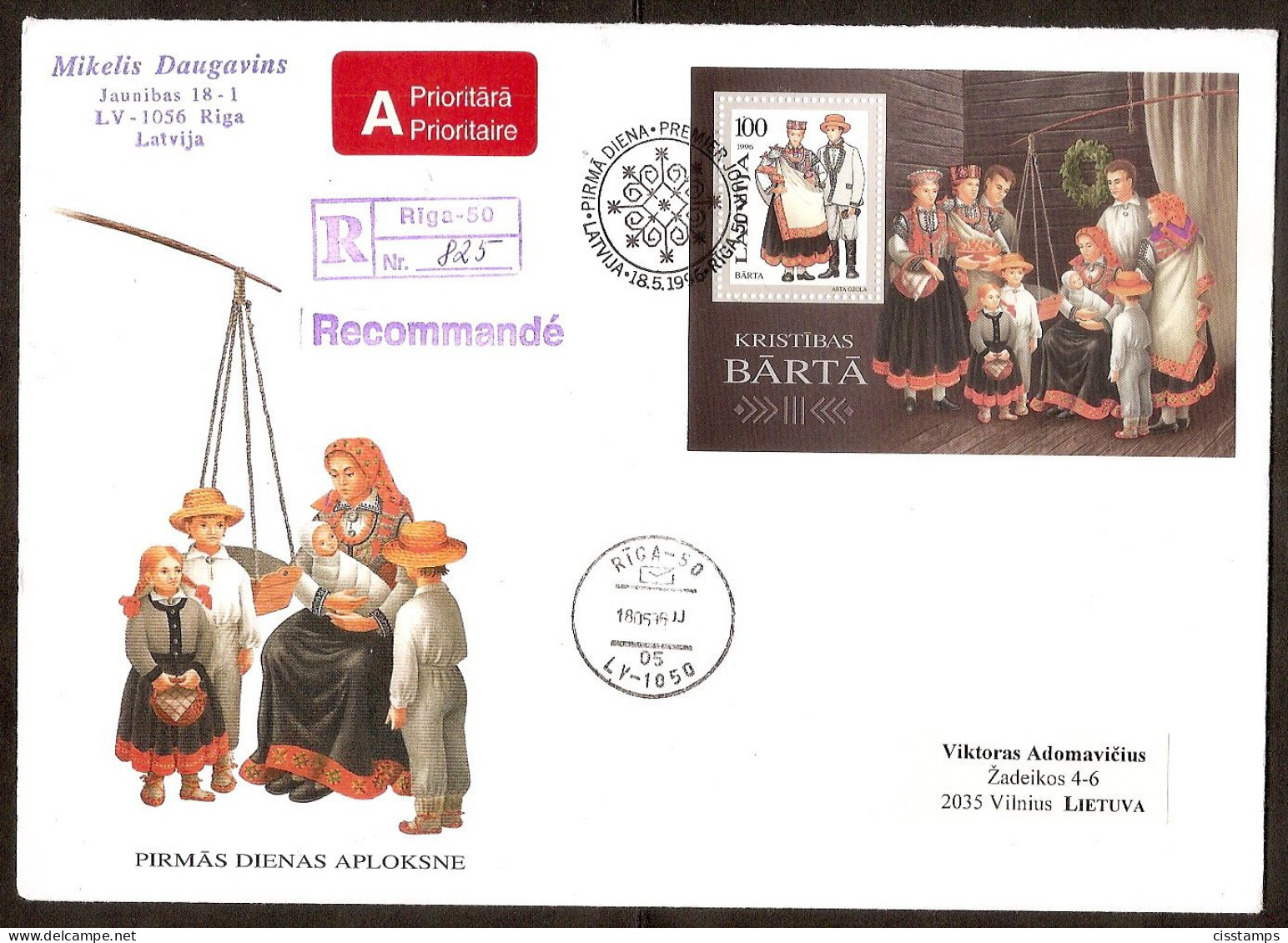 LATVIA 1996●Costumes●Mi Bl7 FDC R-Cover Sent To Lithuania - Letland