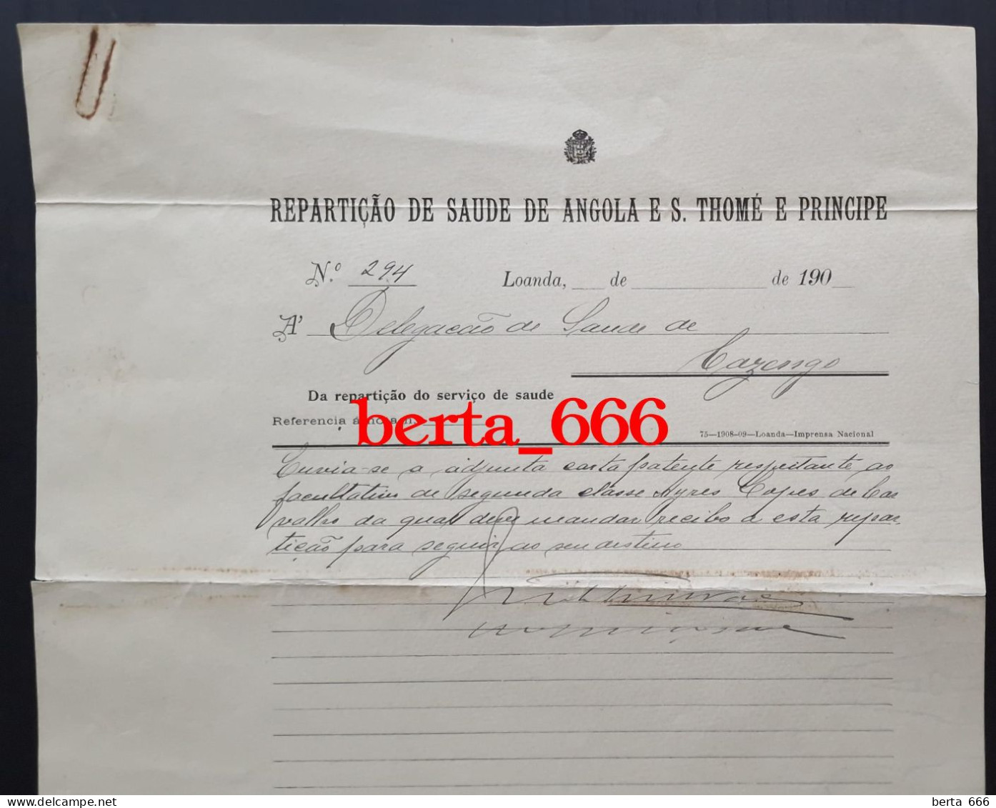 Repartição De Saúde De Angola E São Tomé E Príncipe * Documento Manuscrito - Historical Documents