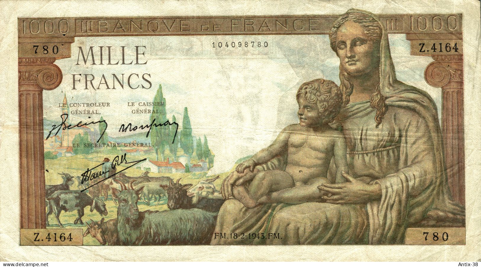 N82 - Billet De 1000 Francs - DÉESSE DEMETER - 1 000 F 1942-1943 ''Déesse Déméter''