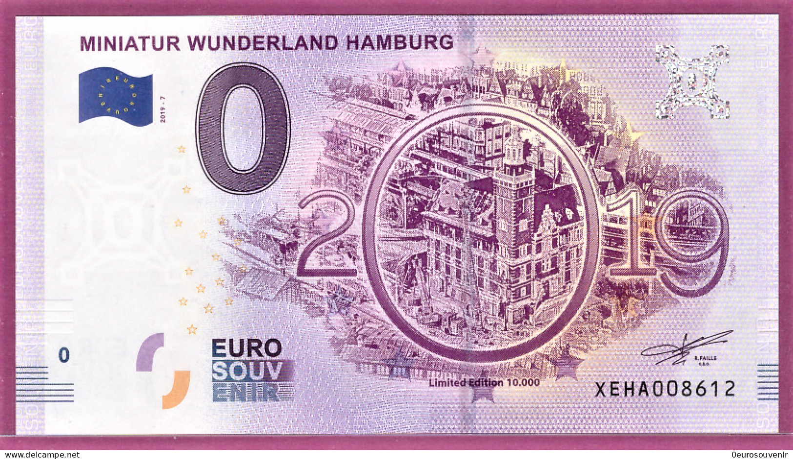 0-Euro XEHA 2019-7 MINIATUR WUNDERLAND - HAMBURG - FINANZAMT BRENNT - Essais Privés / Non-officiels