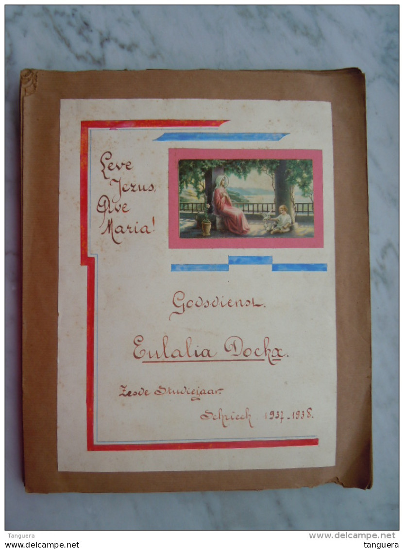 Belgie Schriek 1937-1938 Godsdienst Boek Gemaakt Door Leerling Met Prentjes, Tekeningen En Kranteknipsels - Devotion Images