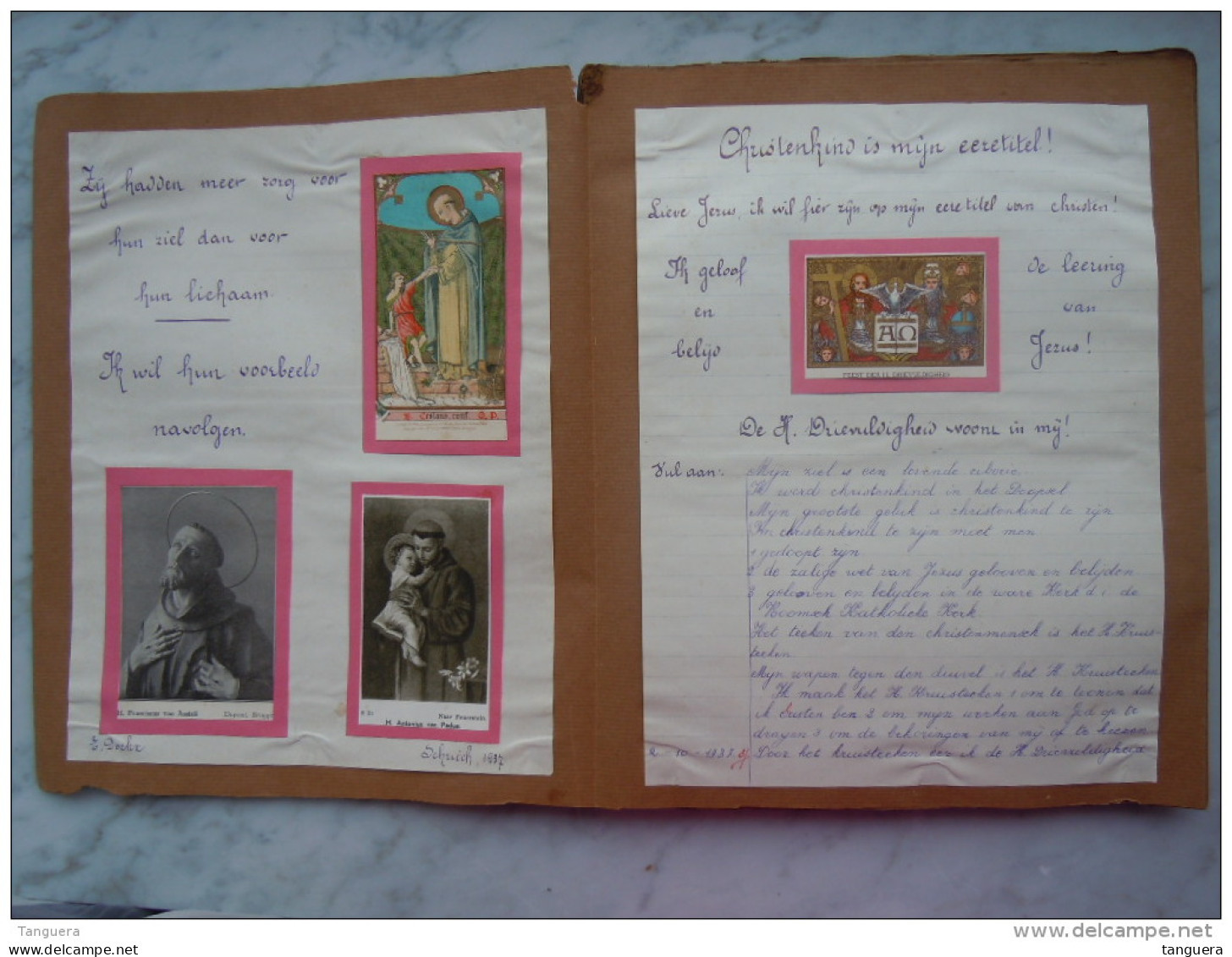 Belgie Schriek 1937-1938 Godsdienst Boek Gemaakt Door Leerling Met Prentjes, Tekeningen En Kranteknipsels - Images Religieuses