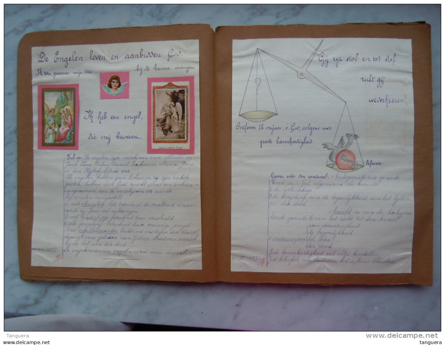 Belgie Schriek 1937-1938 Godsdienst Boek Gemaakt Door Leerling Met Prentjes, Tekeningen En Kranteknipsels - Devotion Images