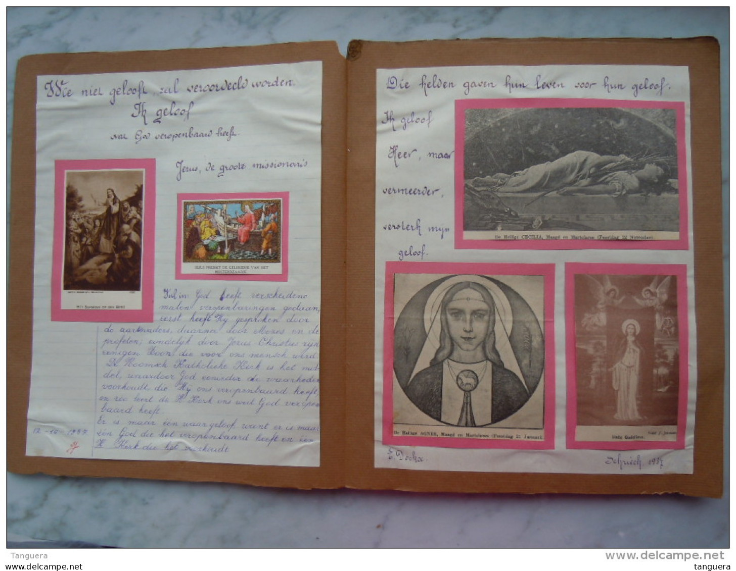 Belgie Schriek 1937-1938 Godsdienst boek gemaakt door leerling met prentjes, tekeningen en kranteknipsels