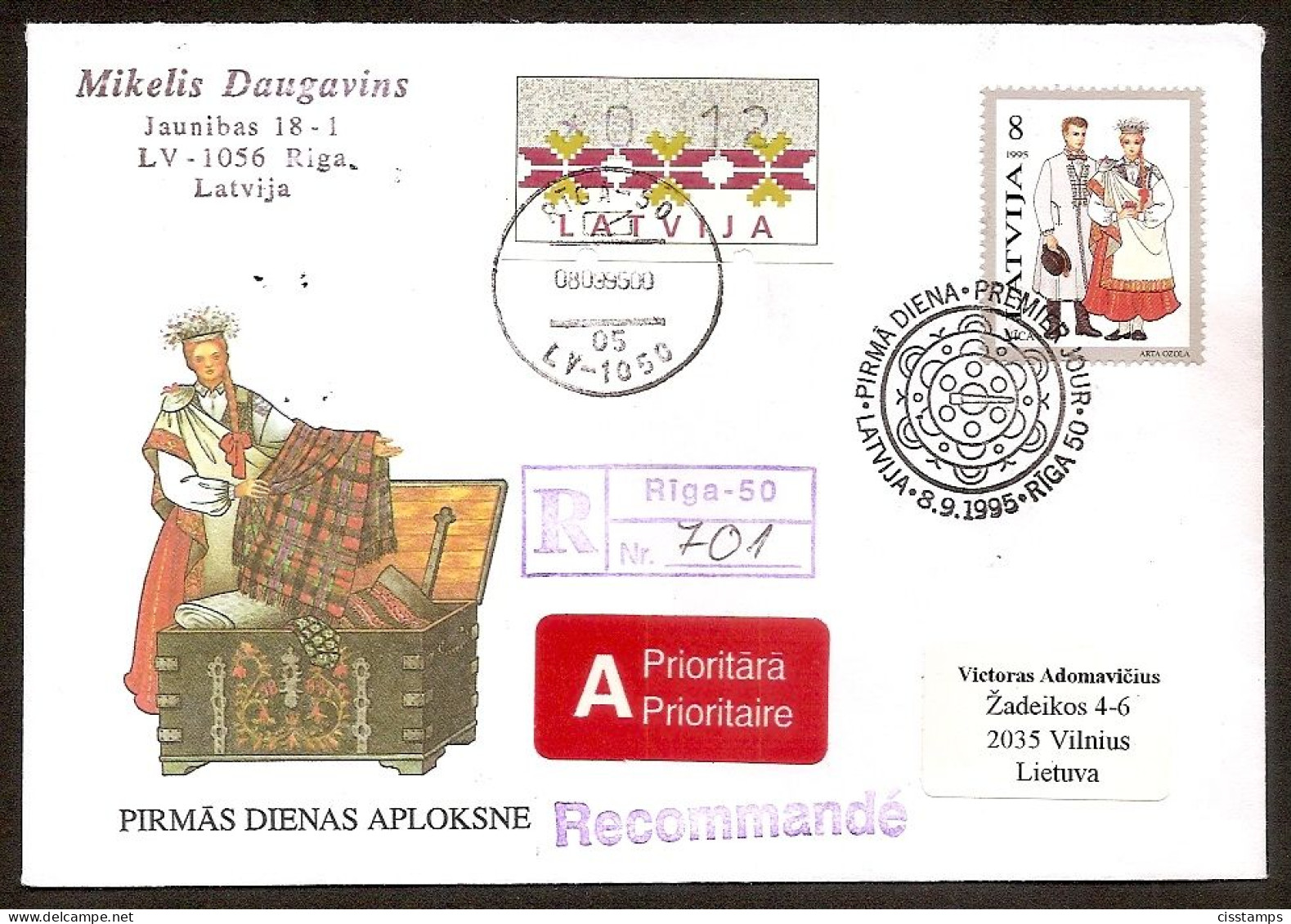 LATVIA 1995●Costumes●Mi407+ATM1● R-Cover Sent To Lithuania - Letonia