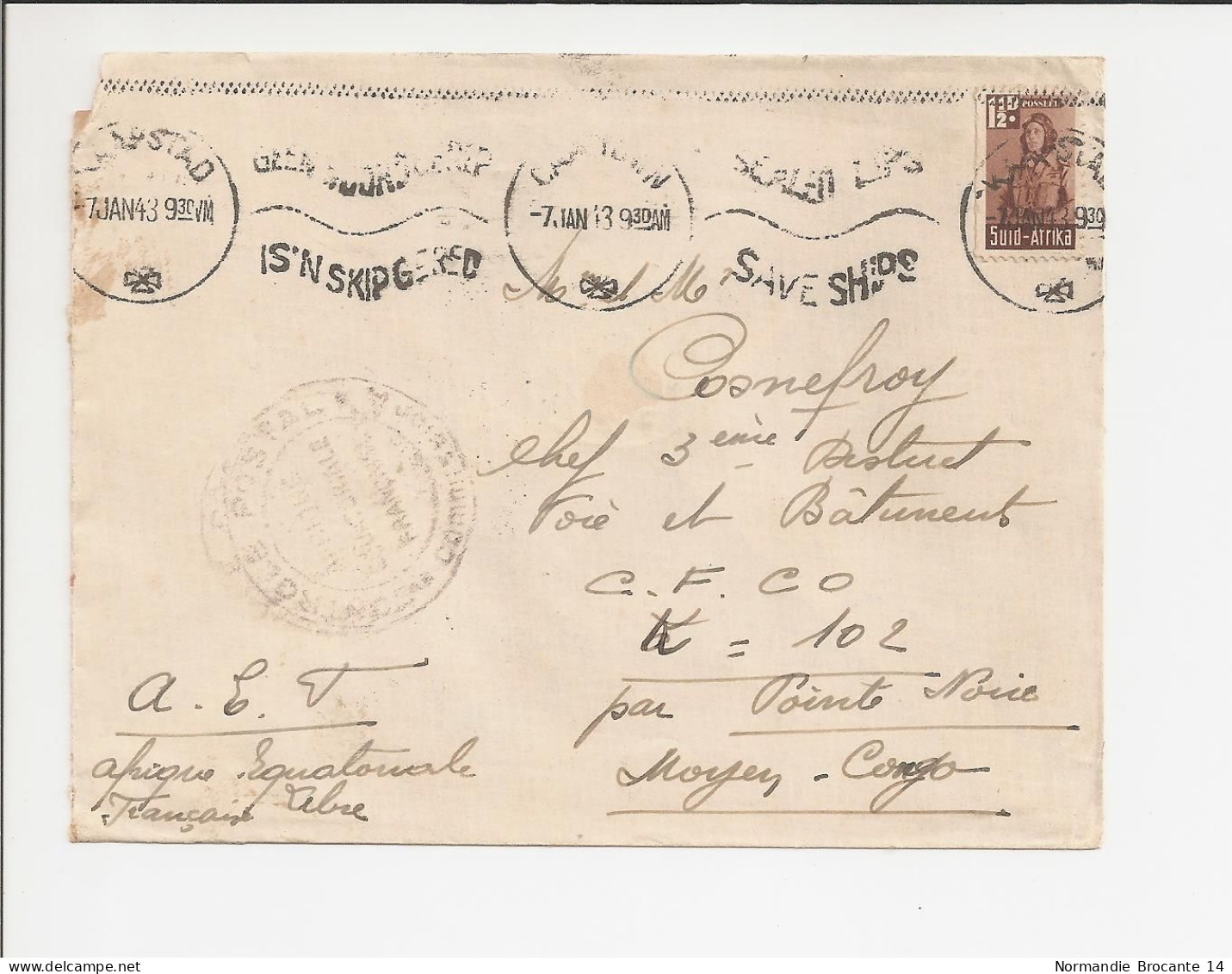 Lettre De L'Afrique Du Sud Pour AEF (Moyen Congo)  - Janvier 1943 - Censure Militaire - Cartas & Documentos