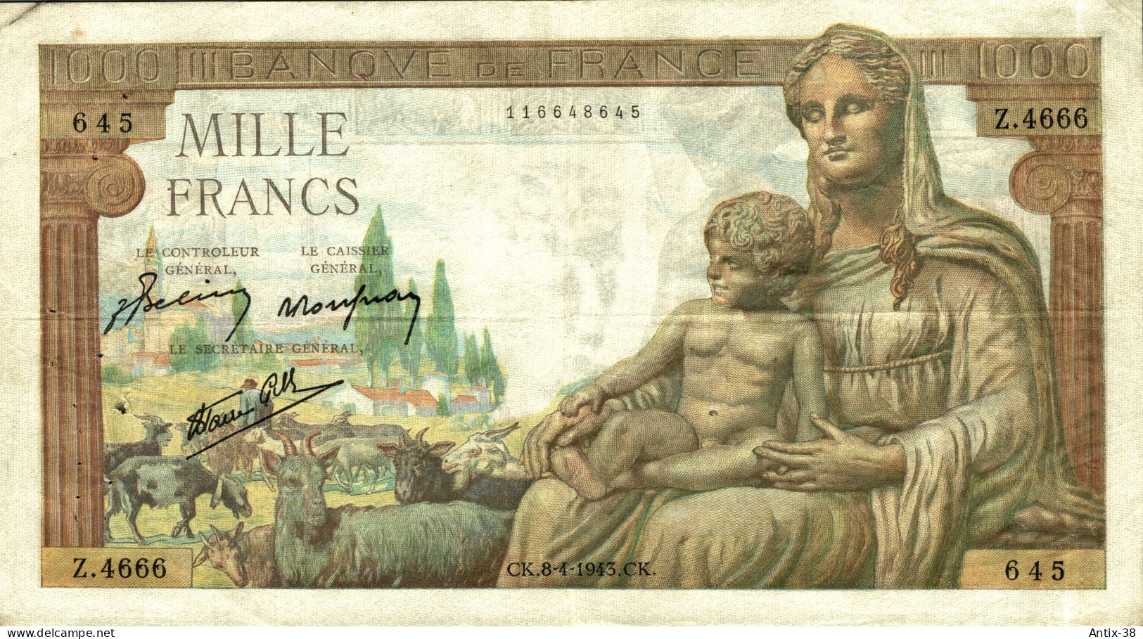 N82 - Billet De 1000 Francs - DÉESSE DEMETER - 1943 - 1 000 F 1942-1943 ''Déesse Déméter''