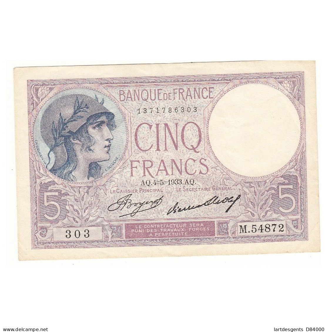 5 FRANCS VIOLET 04-05-1933 SUP Fayette 3.17 - 5 F 1917-1940 ''Violet''