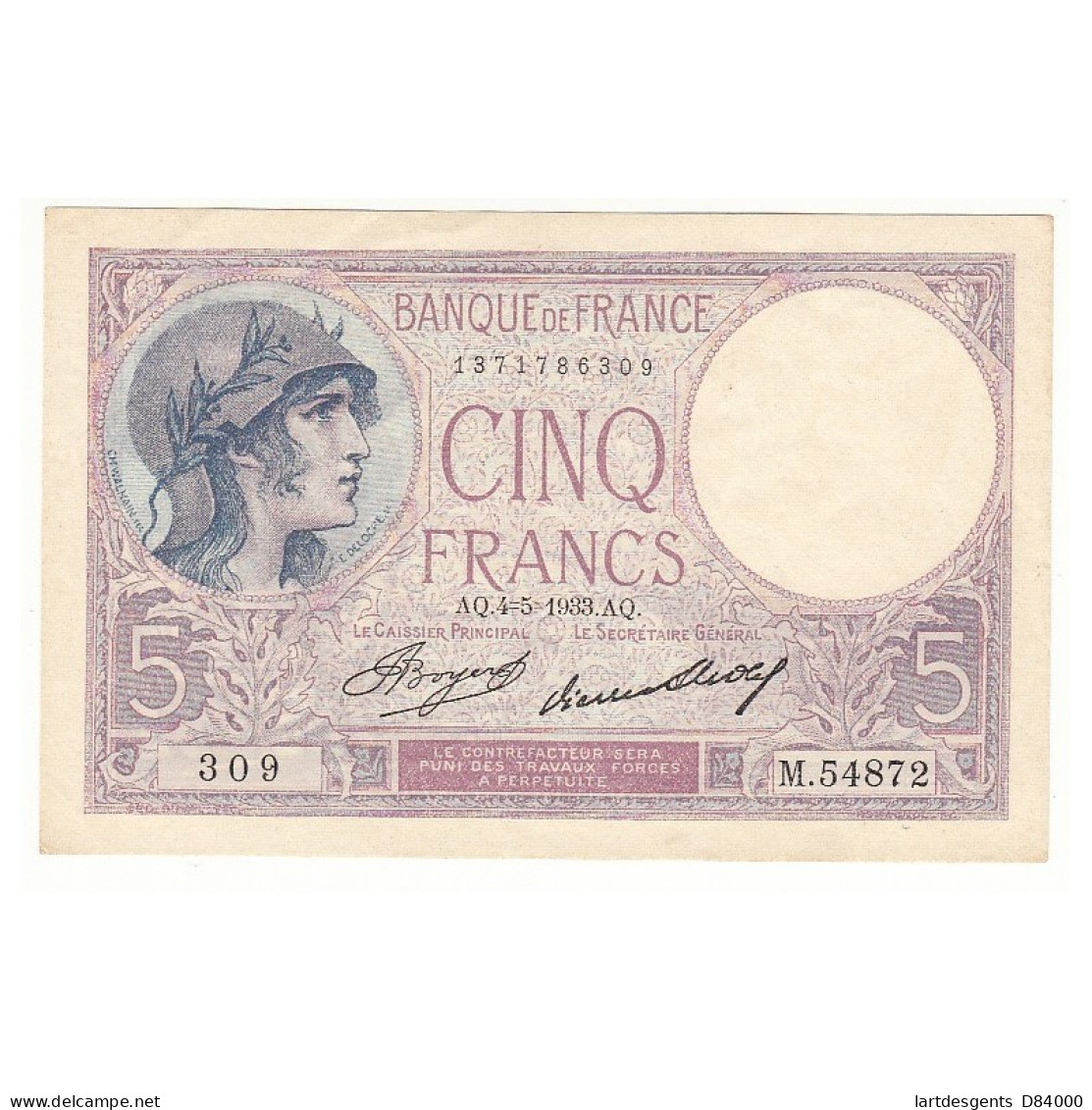 5 FRANCS VIOLET 04-05-1933 SUP Fayette 3.17 - 5 F 1917-1940 ''Violet''