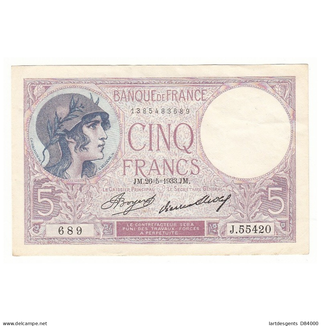 5 FRANCS VIOLET 26-05-1933 SUP Fayette 3.17 - 5 F 1917-1940 ''Violet''