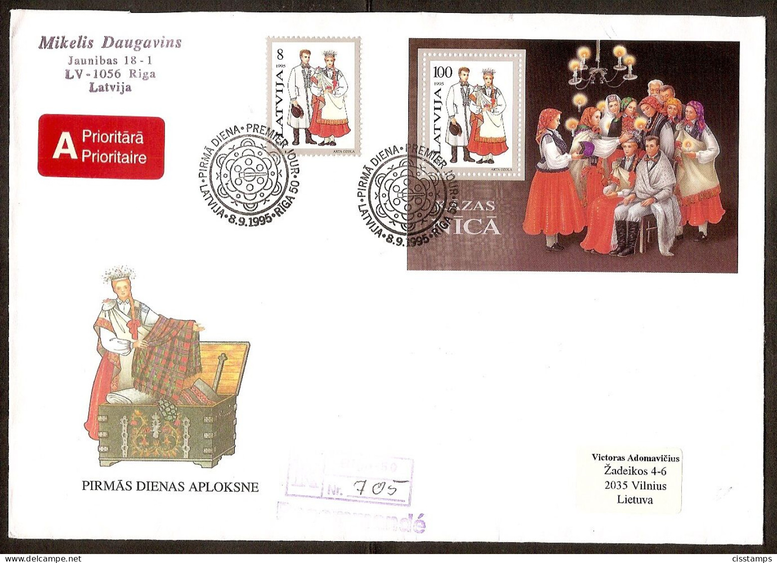 LATVIA 1995●Costumes●Mi407+Bl6 R-Cover Sent To Lithuania - Lettonie