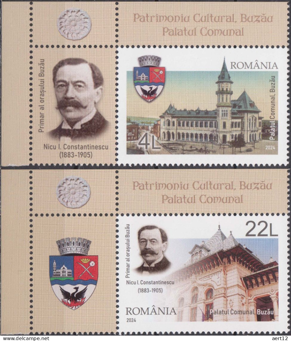 2024, Romania, Buzău, Buildings, City Halls, Coats Of Arms, Politicians, 2 Stamps+Label, MNH(**), LPMP 2455 - Nuovi