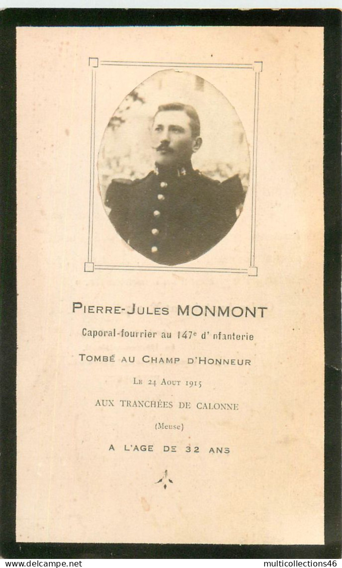 080524B - FAIRE PART DE DECES Caporal Fourrier 147e Infanterie Tranchées Calonne 1915 MONMONT Photo Militaria WW1 - Obituary Notices