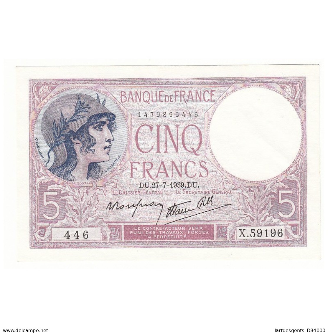 5 FRANCS VIOLET 27-07-1939 P/NEUF Fayette 4.3 - 5 F 1917-1940 ''Violet''