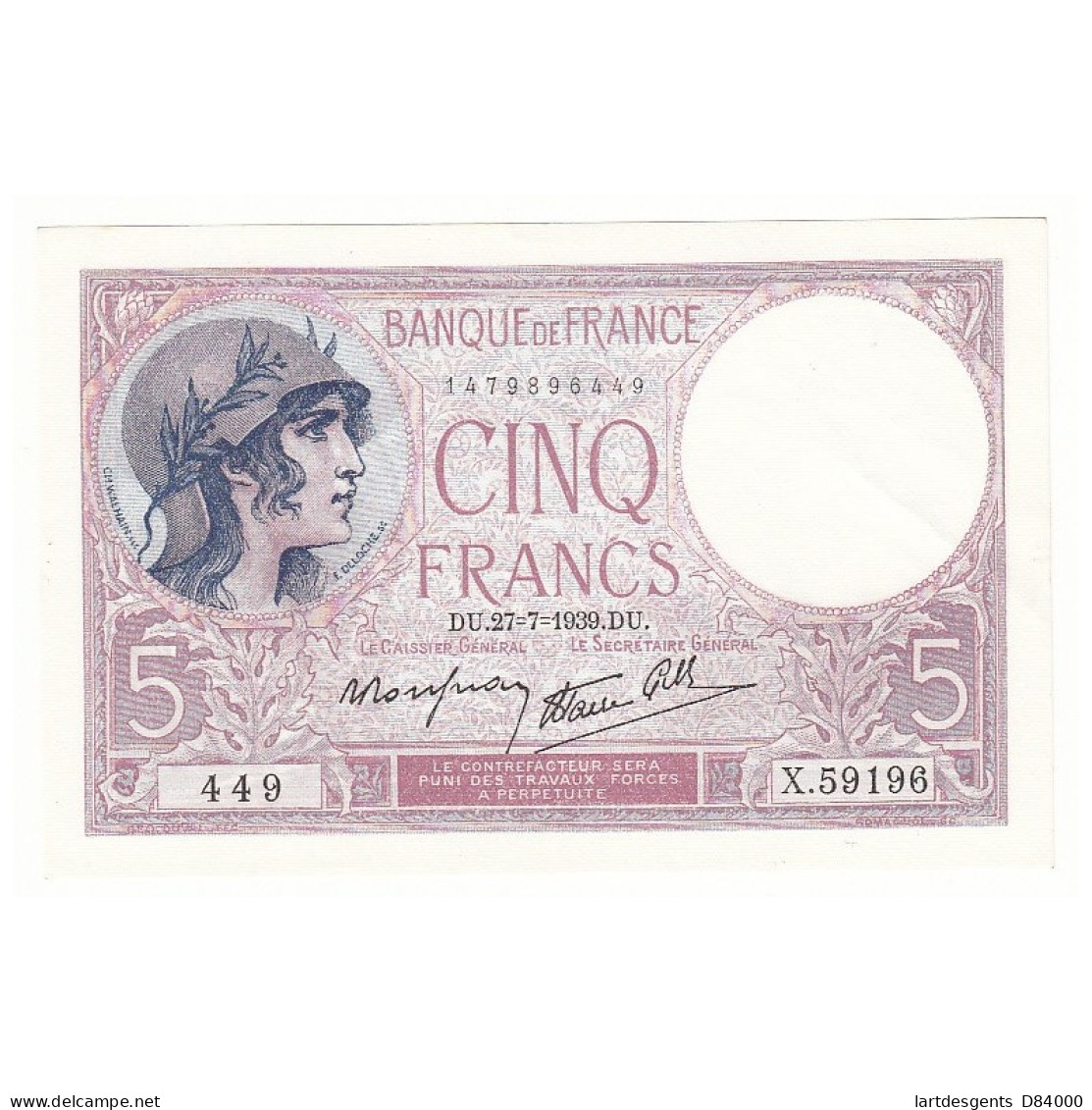 5 FRANCS VIOLET 27-07-1939 P/NEUF Fayette 4.3 - 5 F 1917-1940 ''Violet''